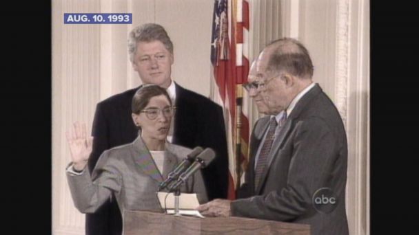 Justice Ruth Bader Ginsburg taking oath on 10th August 1993, with President Clinton in the background.